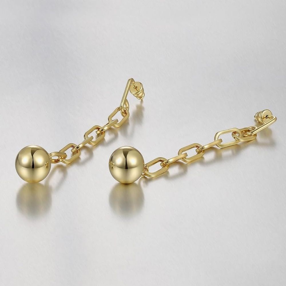 NEW 14K Gold Plated Long Paper Clip Chain Ball Beaded Earrings